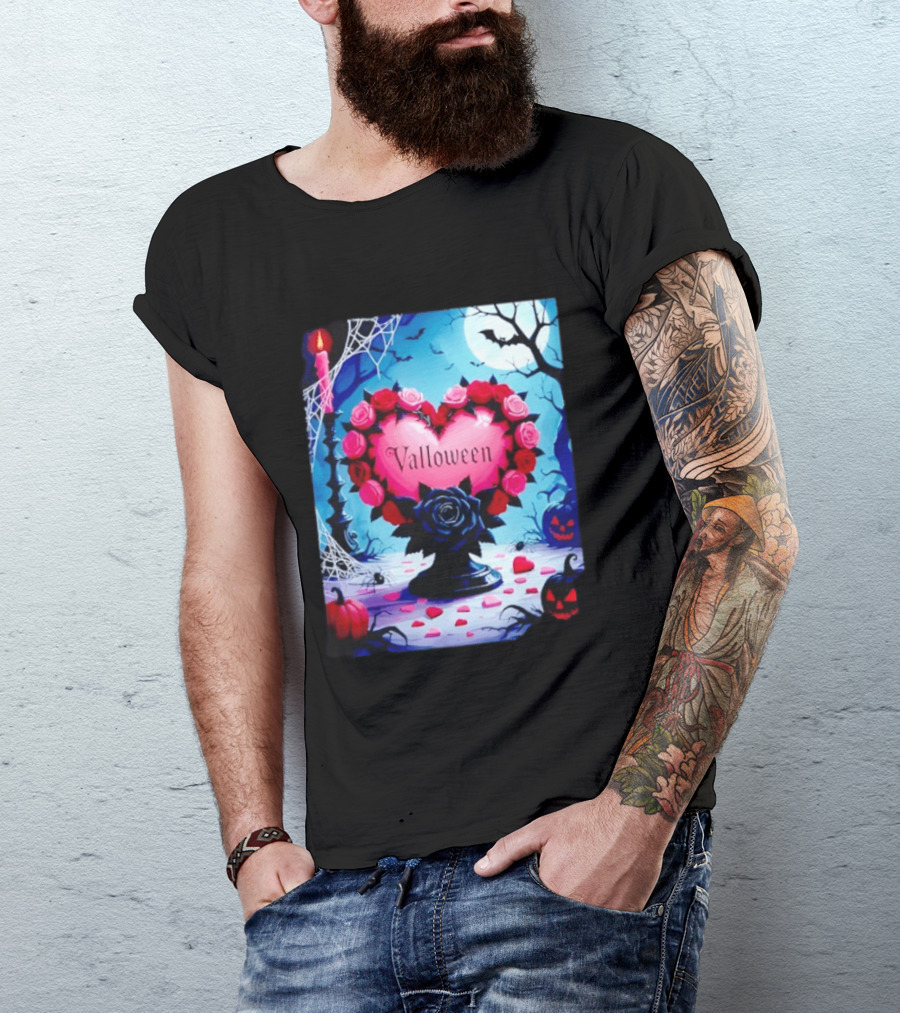 Valloween Romance And Menace Heart Rose Candle Moonlit Halloween T-Shirt