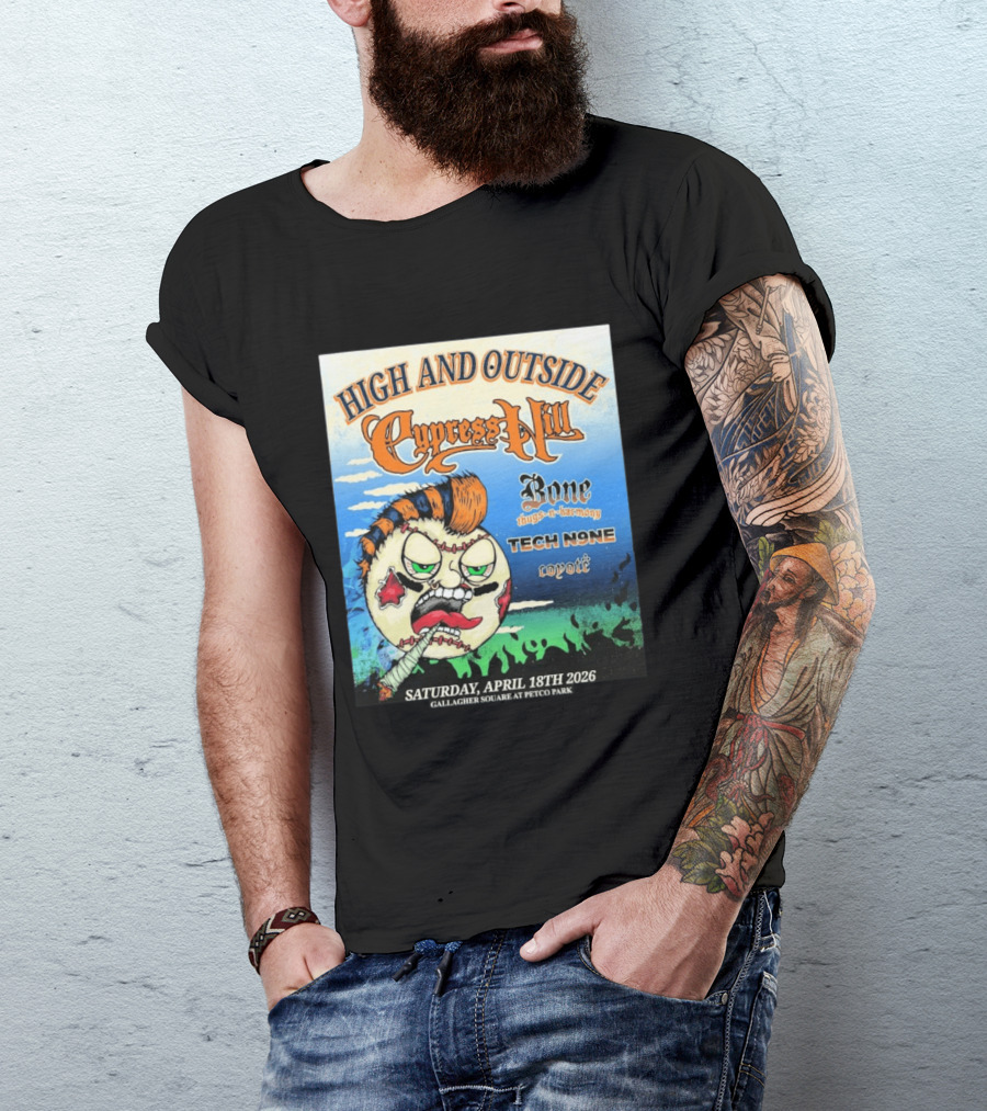 High And Outside Cypress Hill Bone Thugs N Harmony Tech N9ne Coyote Gallagher Square Petco Park April 18 2026 T-Shirt