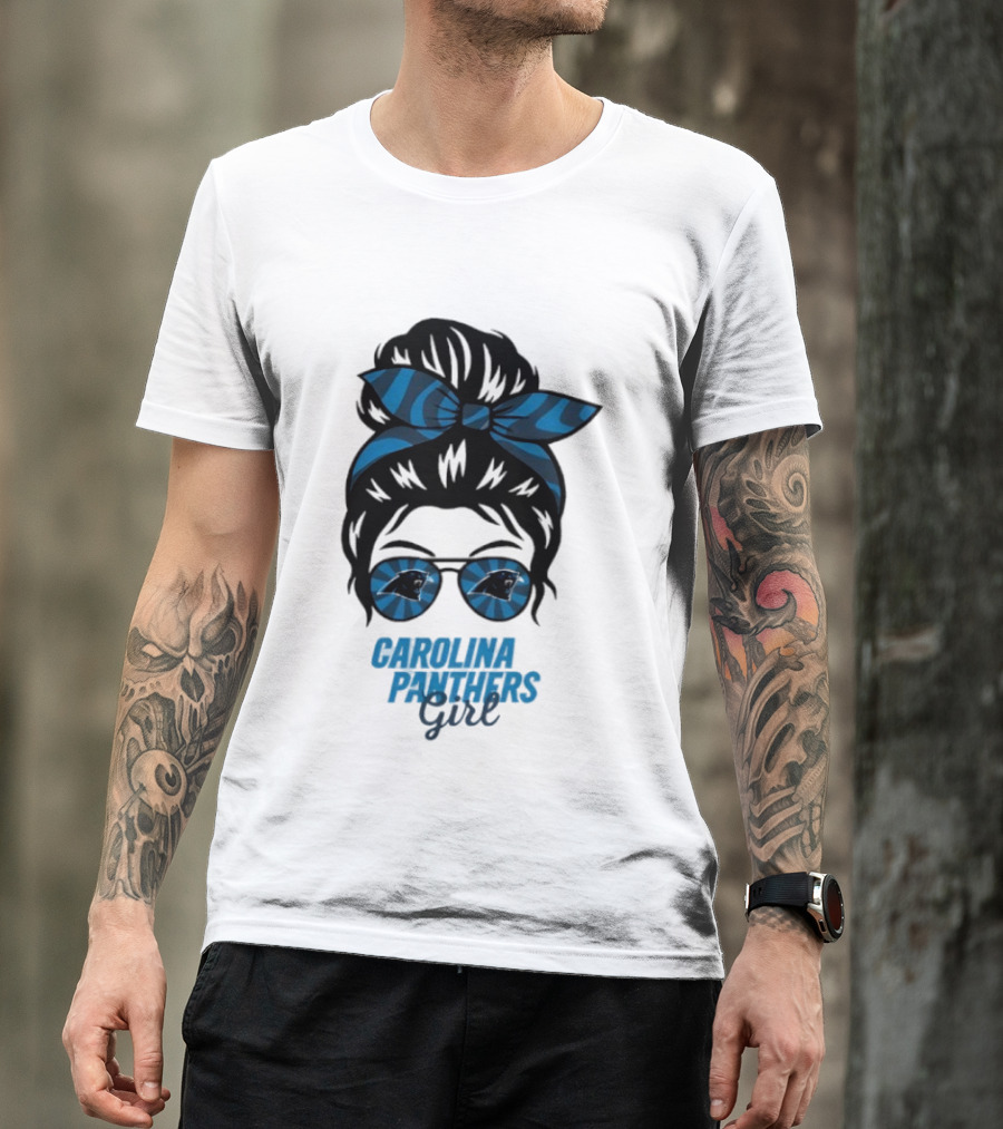 Carolina Panthers Girl Messy Bun Glasses Blue Bow Fan T-Shirt