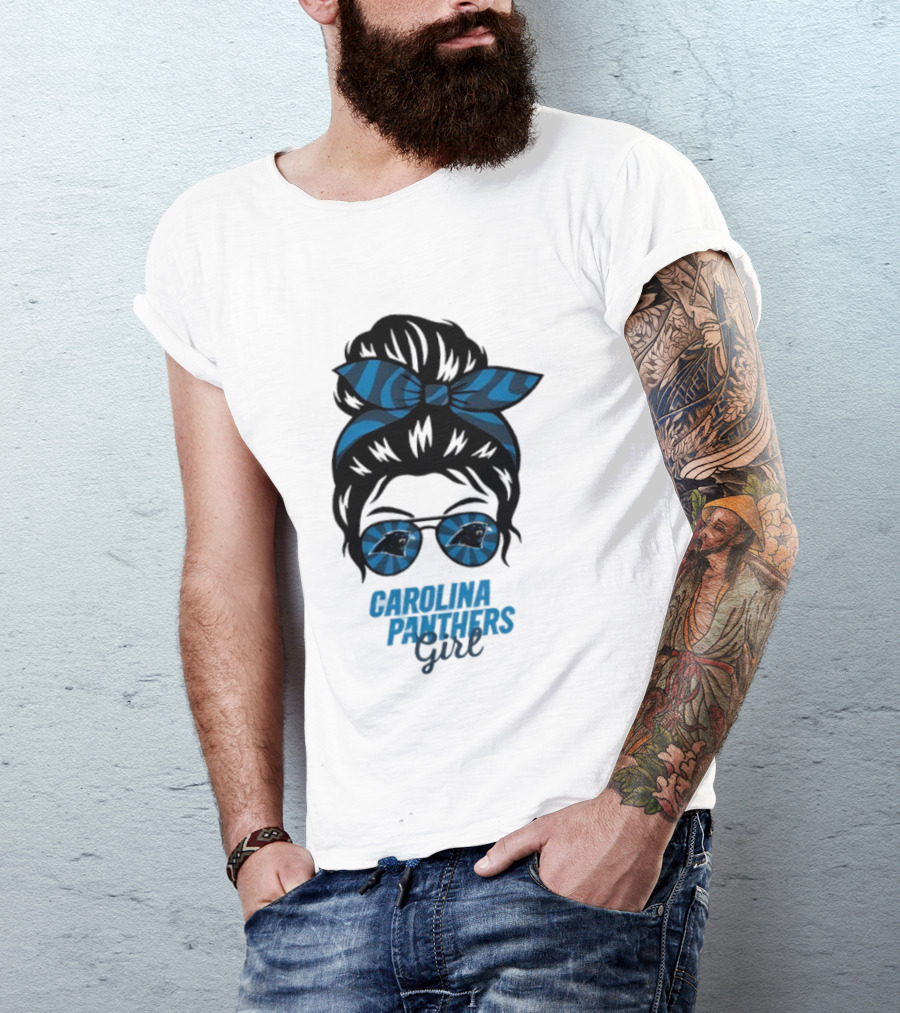Carolina Panthers Girl Messy Bun Glasses Blue Bow Fan T-Shirt