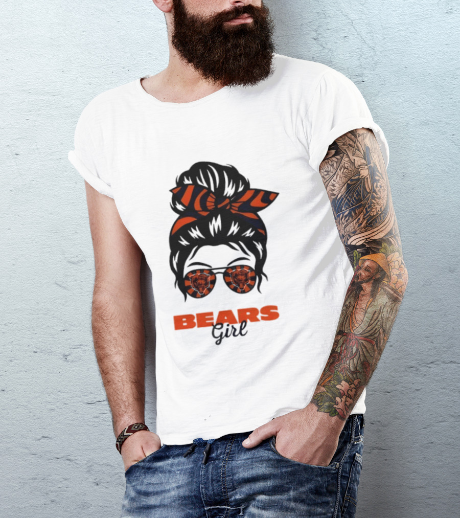 Chicago Bears Girl Messy Bun Glasses Football Fan T-Shirt
