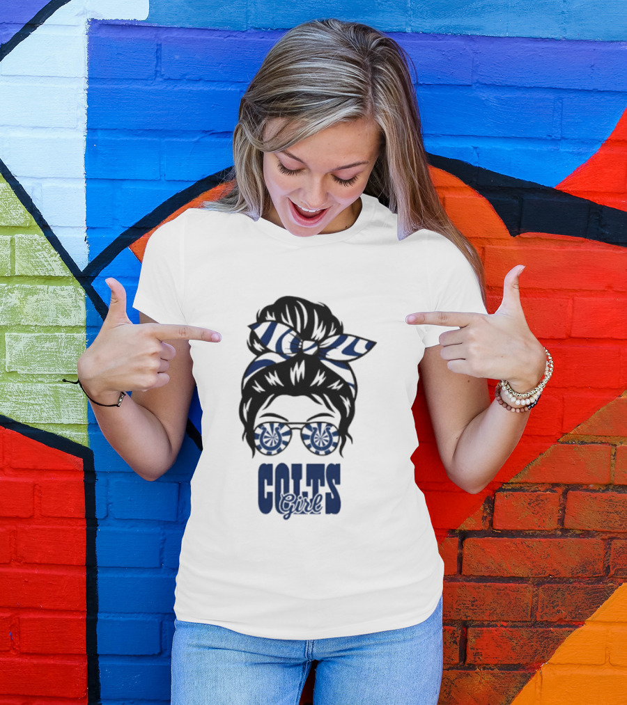 Indianapolis Colts Fan Messy Bun Glasses T-Shirt