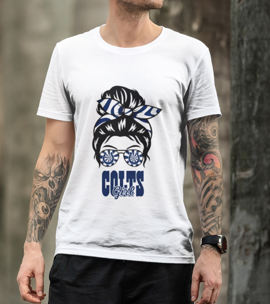 Indianapolis Colts Fan Messy Bun Glasses T-Shirt