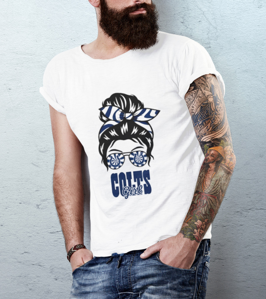 Indianapolis Colts Fan Messy Bun Glasses T-Shirt
