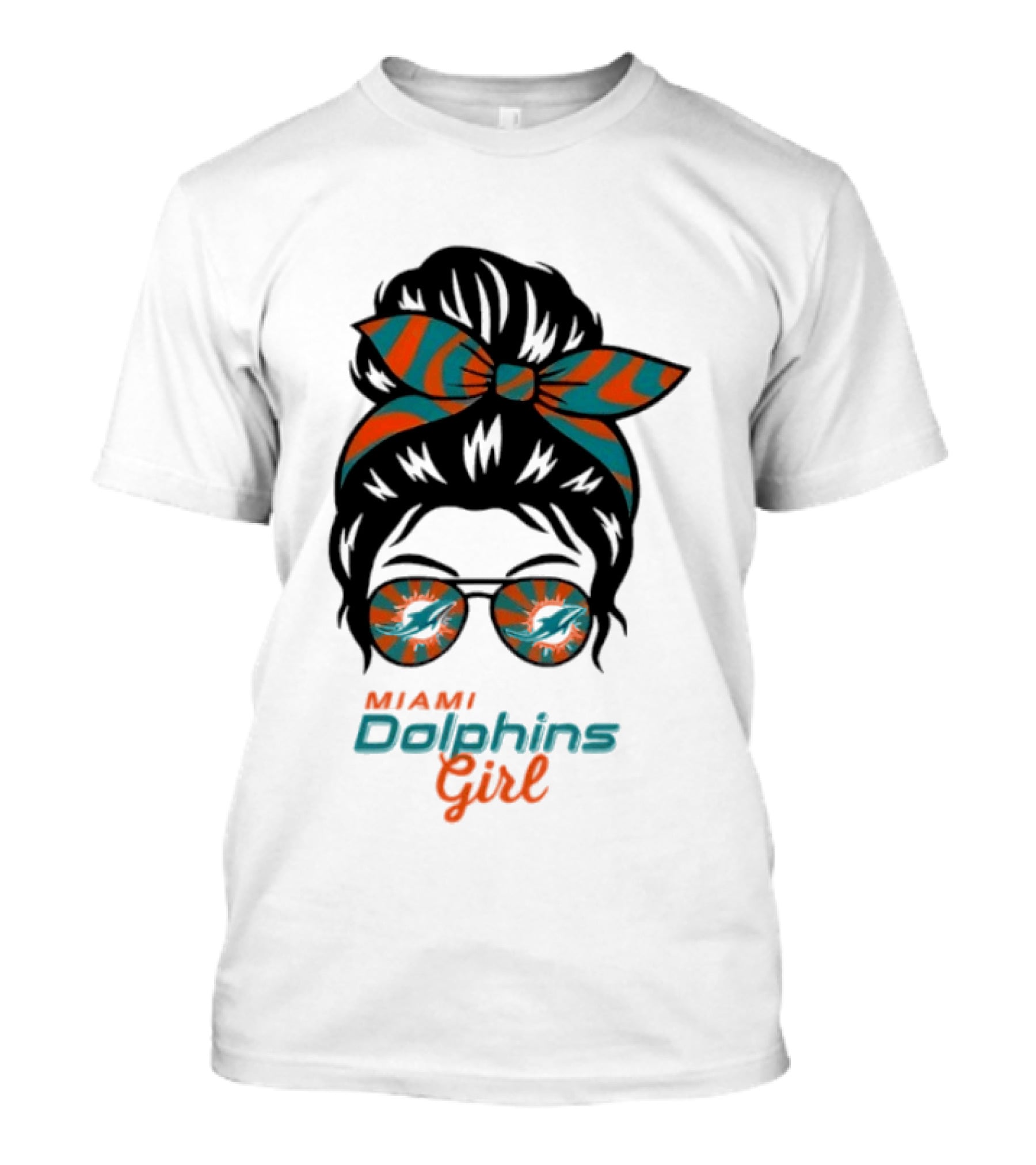 Miami Dolphins Girl Messy Bun Glasses Bow Fan Merchandise T-Shirt