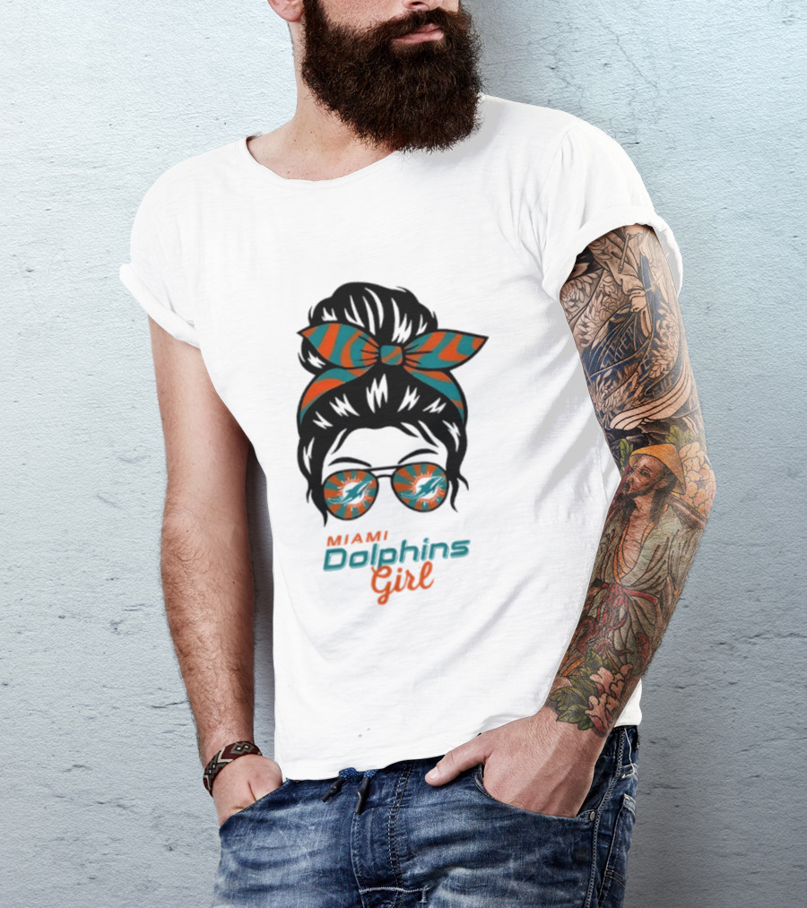 Miami Dolphins Girl Messy Bun Glasses Bow Fan Merchandise T-Shirt