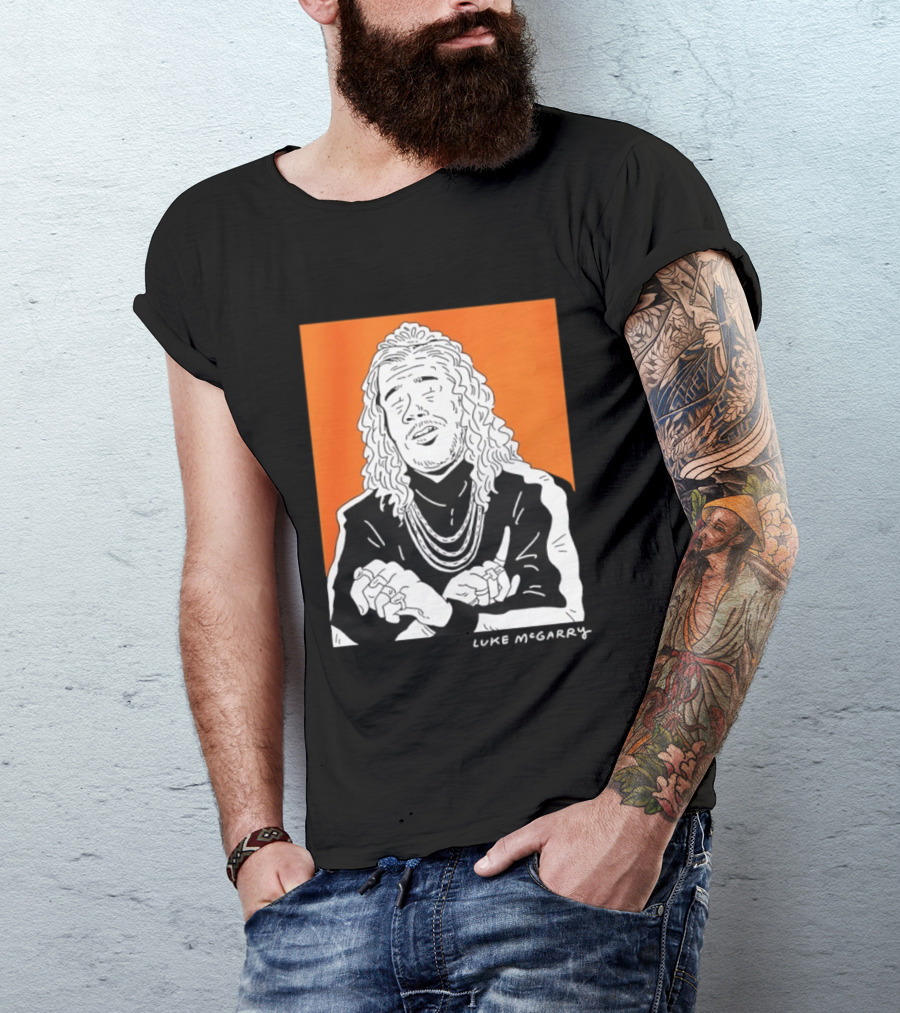 Luke McGarry Cartoon Character With Long Hair And Chains On Orange T-Shirt