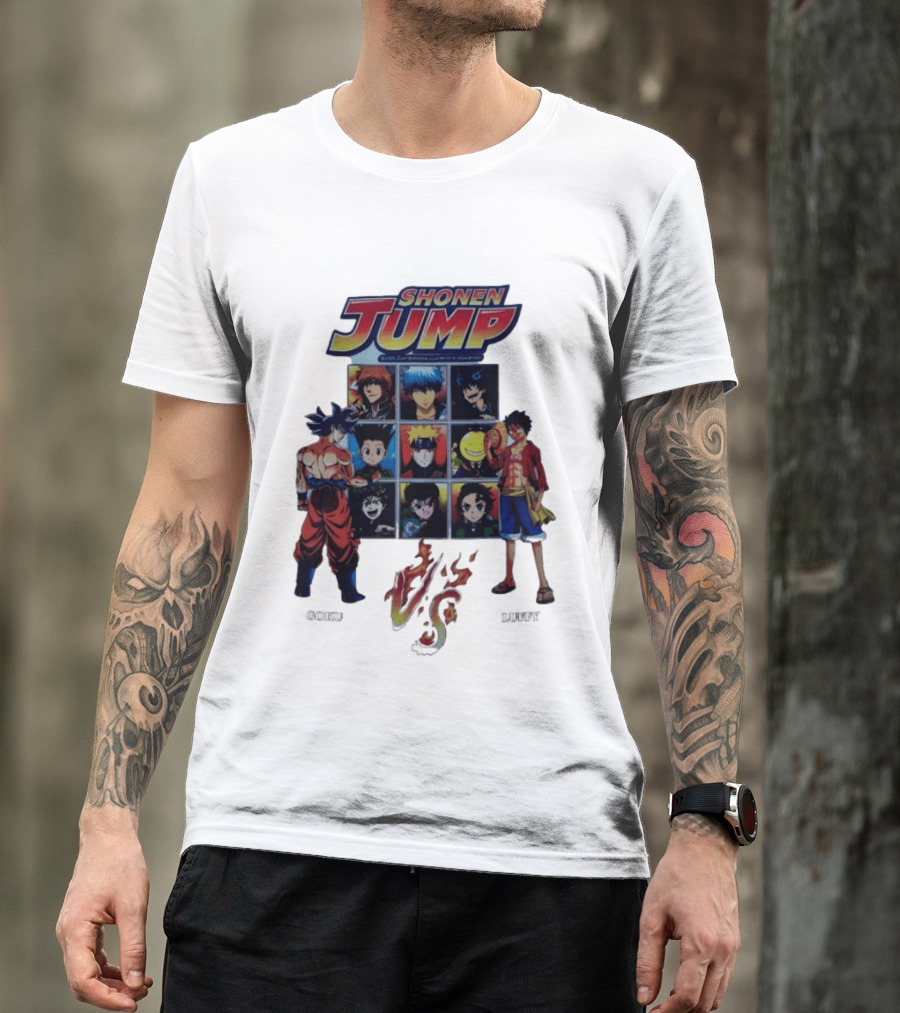 Shonen Jump Goku Luffy Anime Crossover Naruto One Piece Classic Manga Characters T-Shirt