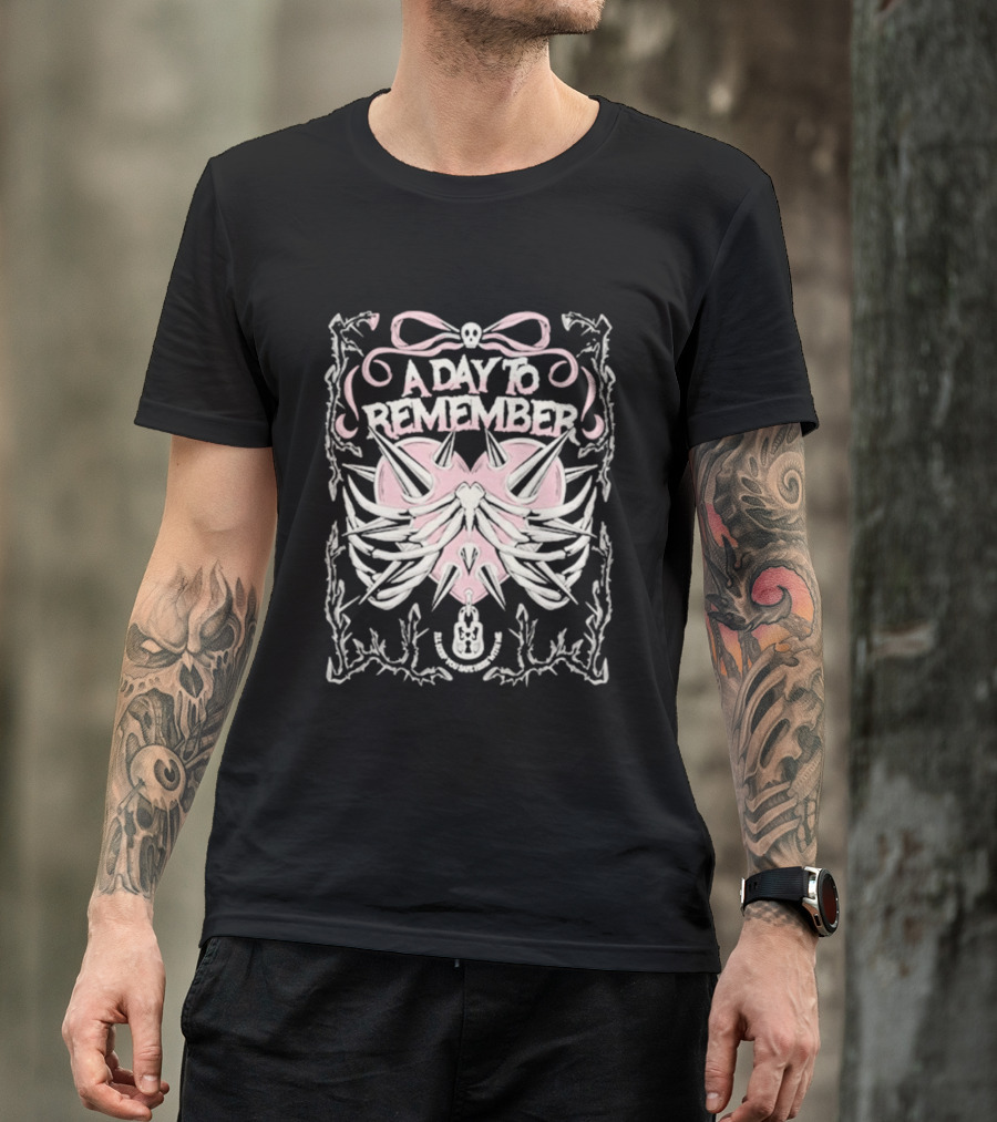 A Day To Remember Spiked Heart Pink Bow Skull Ribcage T-Shirt