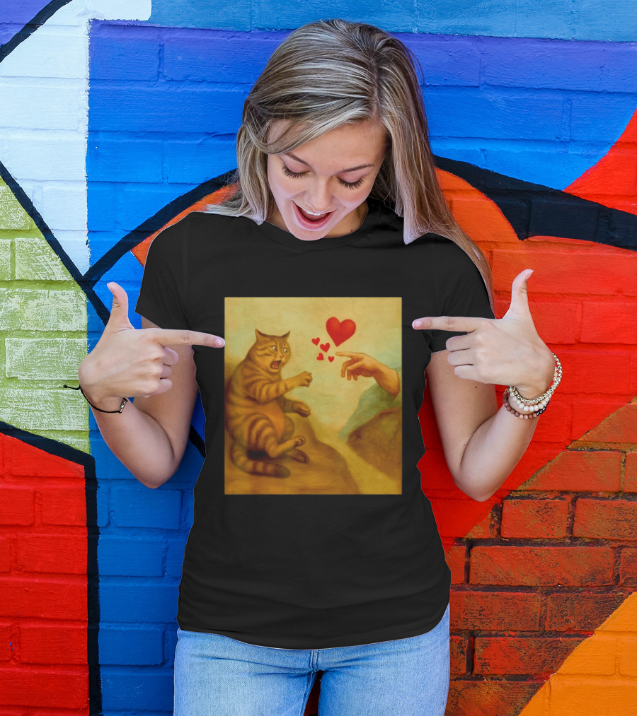 Cat Swatting God's Hand Surrounded By Hearts T-Shirt