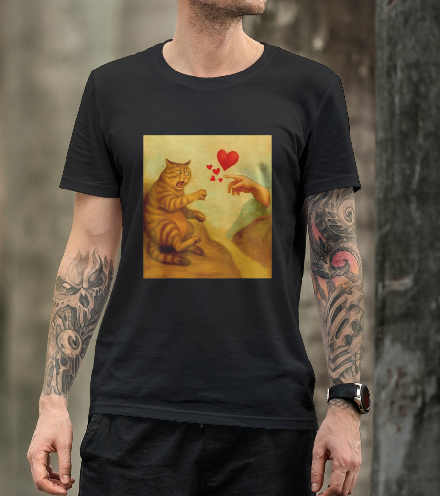 Cat Swatting God's Hand Surrounded By Hearts T-Shirt