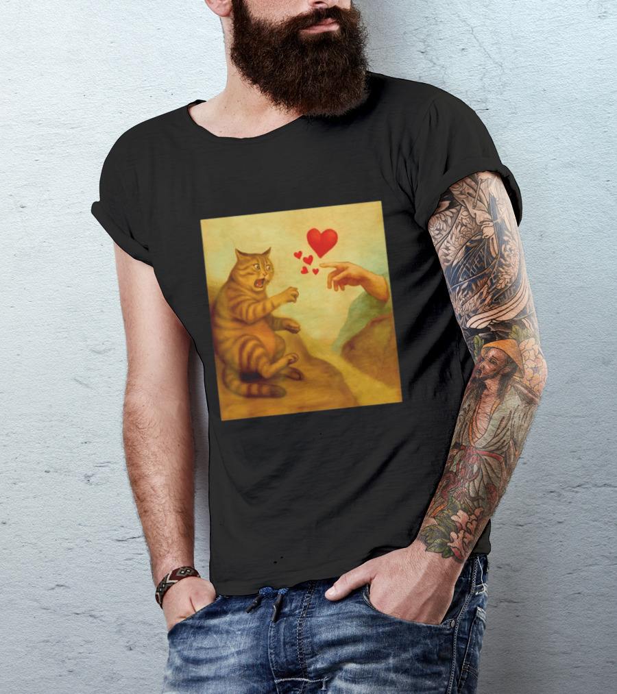 Cat Swatting God's Hand Surrounded By Hearts T-Shirt