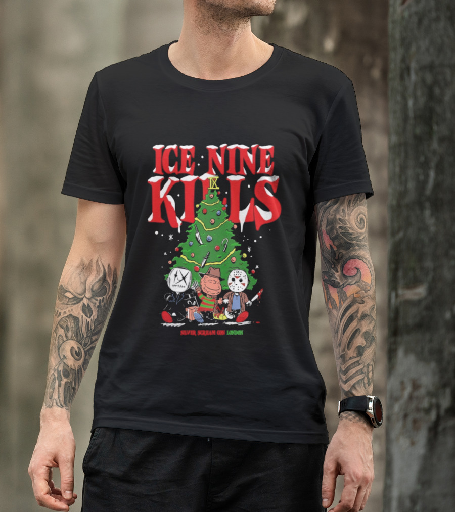 Ice Nine Kills Silver Scream Con Festive Horror Villains Christmas Tree T-Shirt