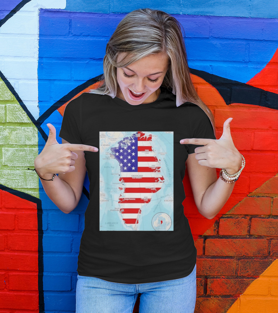 USA Flag Over Greenland Map American Patriot T-Shirt