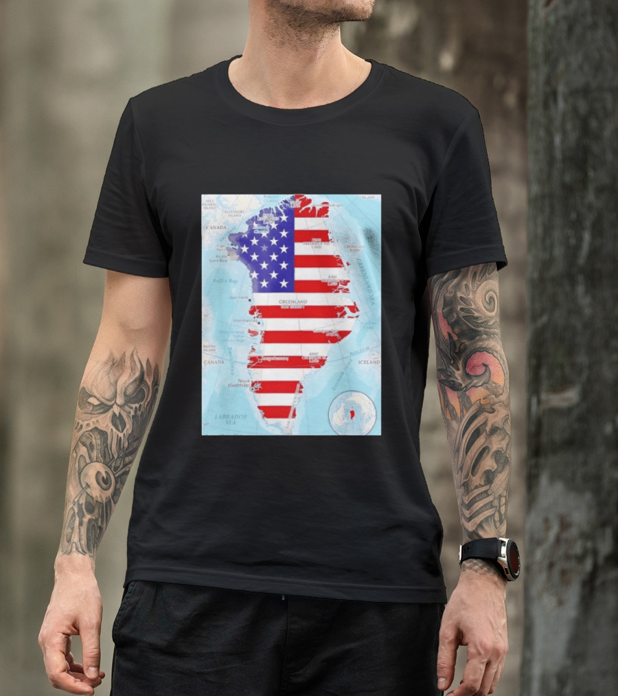USA Flag Over Greenland Map American Patriot T-Shirt