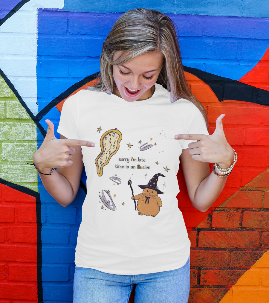 Sorry I'm Late Time Is An Illusion Time Traveling Witch Cat With Melting And Magic Wand T-Shirt