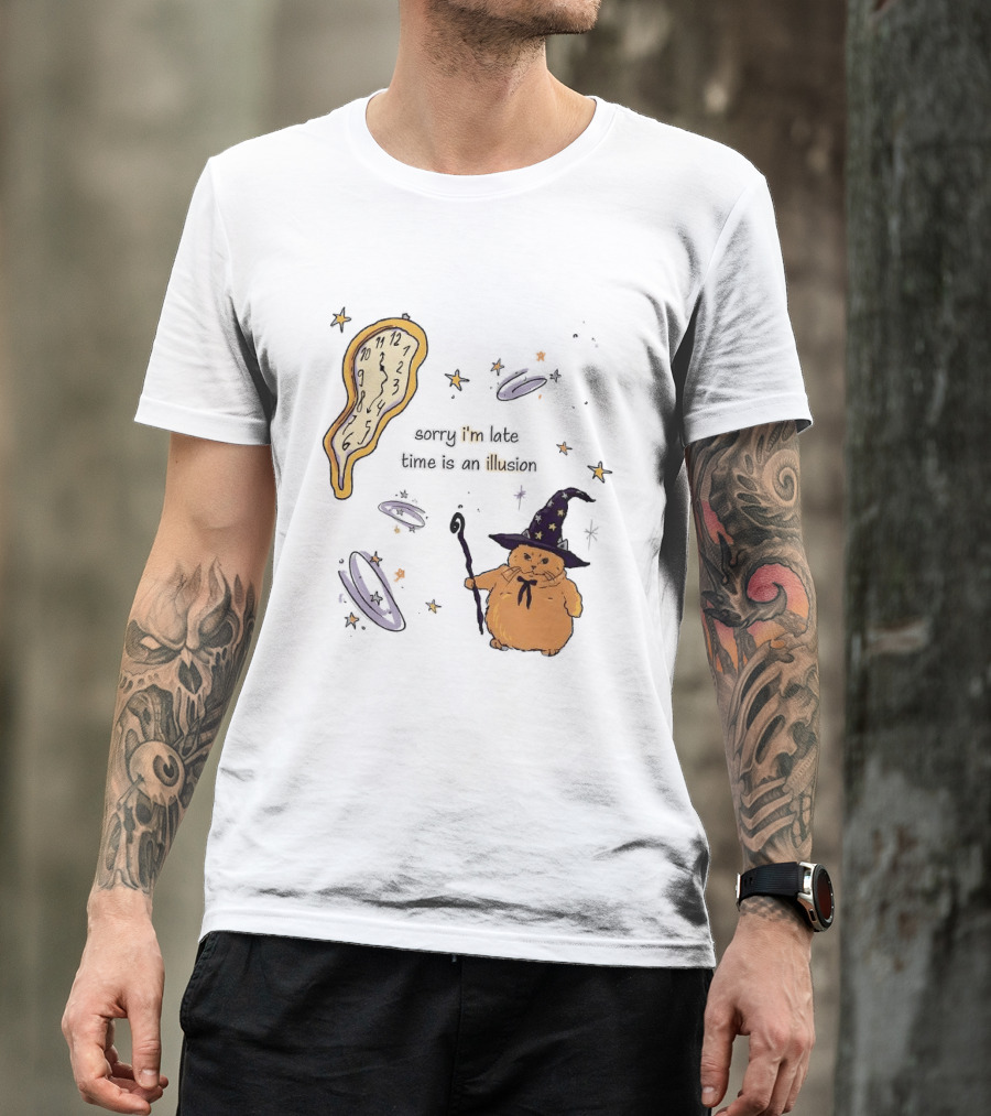 Sorry I'm Late Time Is An Illusion Time Traveling Witch Cat With Melting And Magic Wand T-Shirt