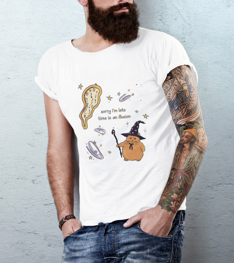 Sorry I'm Late Time Is An Illusion Time Traveling Witch Cat With Melting And Magic Wand T-Shirt