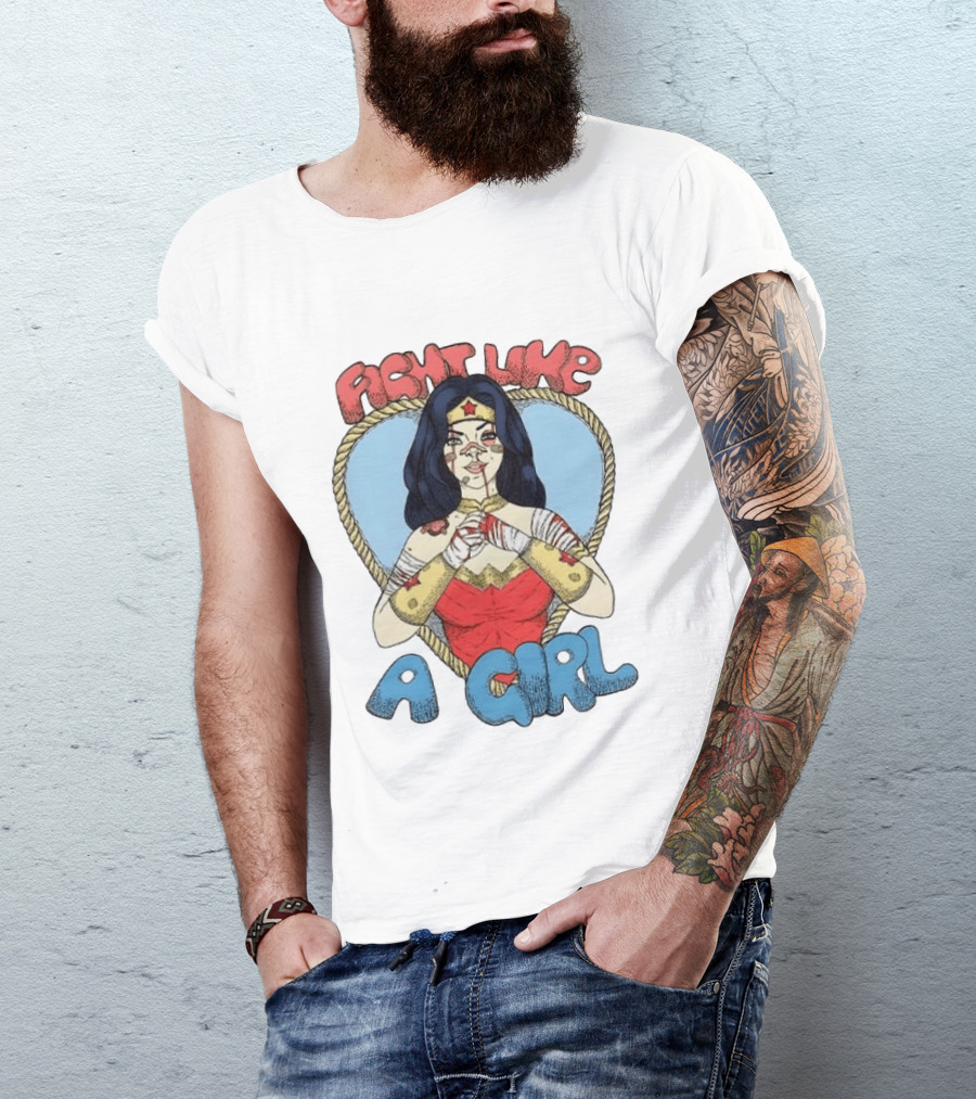 Wonder Woman Fight Like A Girl Cartoon Heart Rope Border T-Shirt
