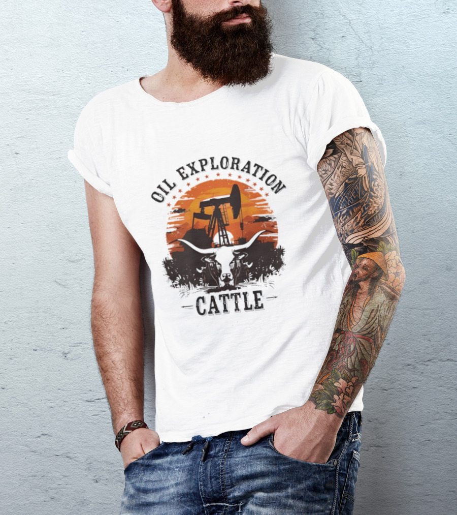 Oil Exploration Cattle Retro Vintage Pumpjack Sunset Scene T-Shirt