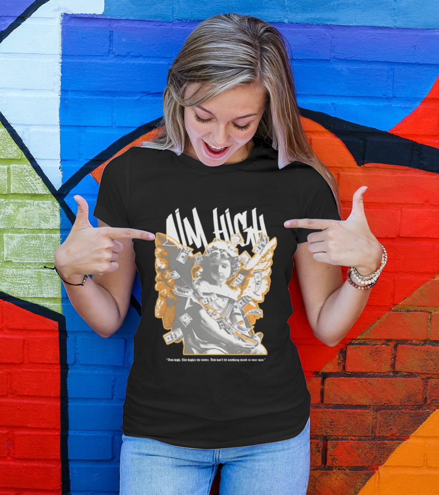 Aim High Angela Cupid Holding AK 47 With Dollar Fly T-Shirt