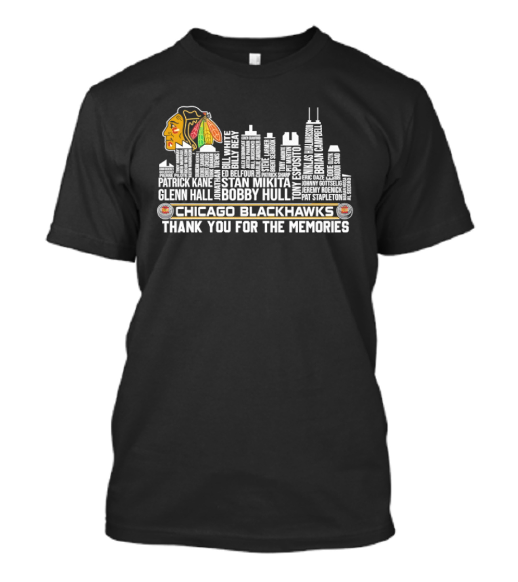 Chicago Blackhawks Skyline With Names And Thank You For The Memories T-Shirt