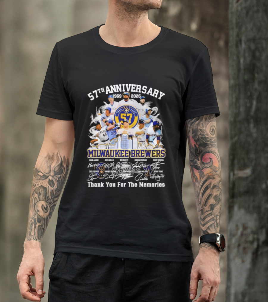 Milwaukee Brewers 57th Anniversary 1969 2026 Players City Skyline Thank You For The Memories T-Shirt