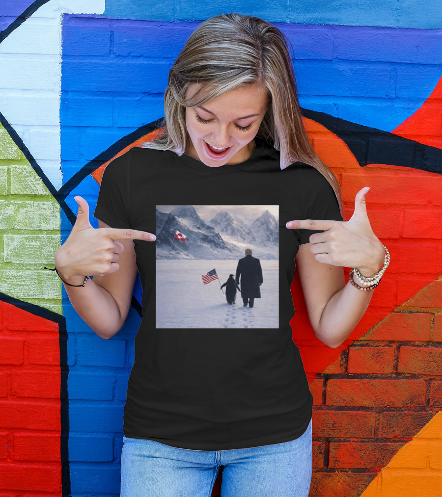 Nihilist Penguin Walking With Trump Antarctica American Flag Greenland Flag T-Shirt