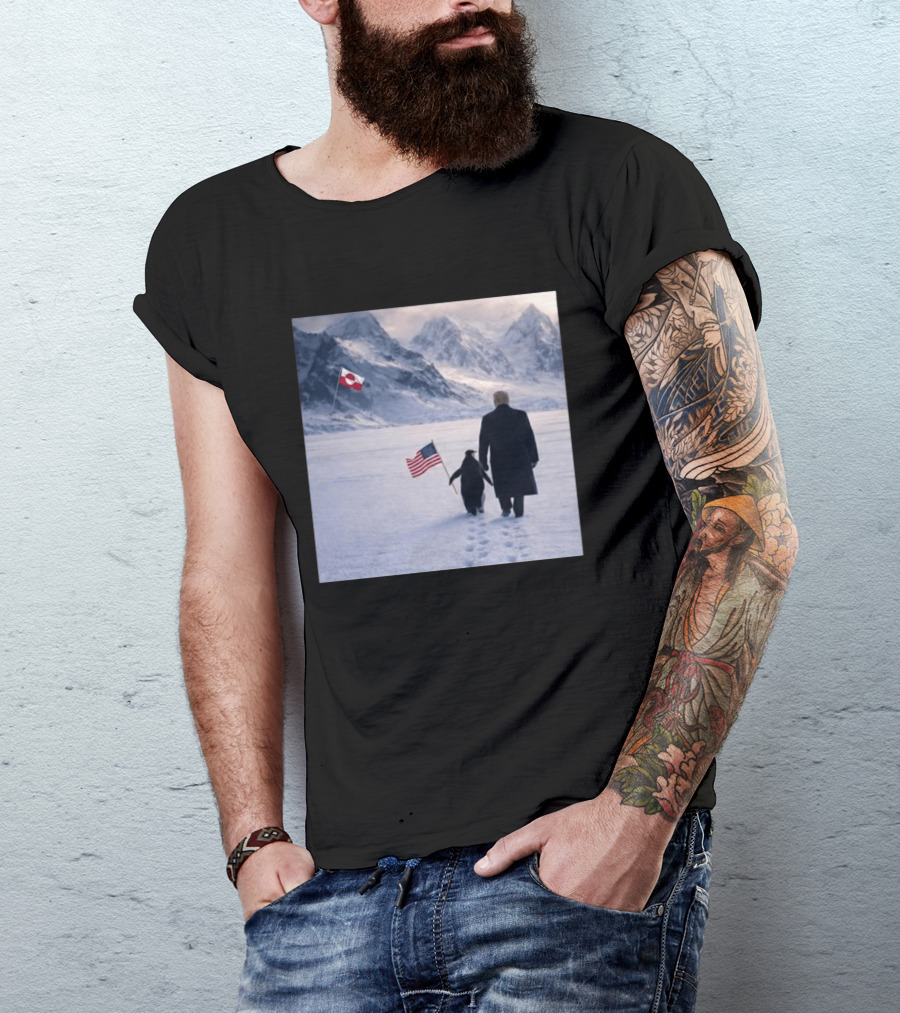 Nihilist Penguin Walking With Trump Antarctica American Flag Greenland Flag T-Shirt