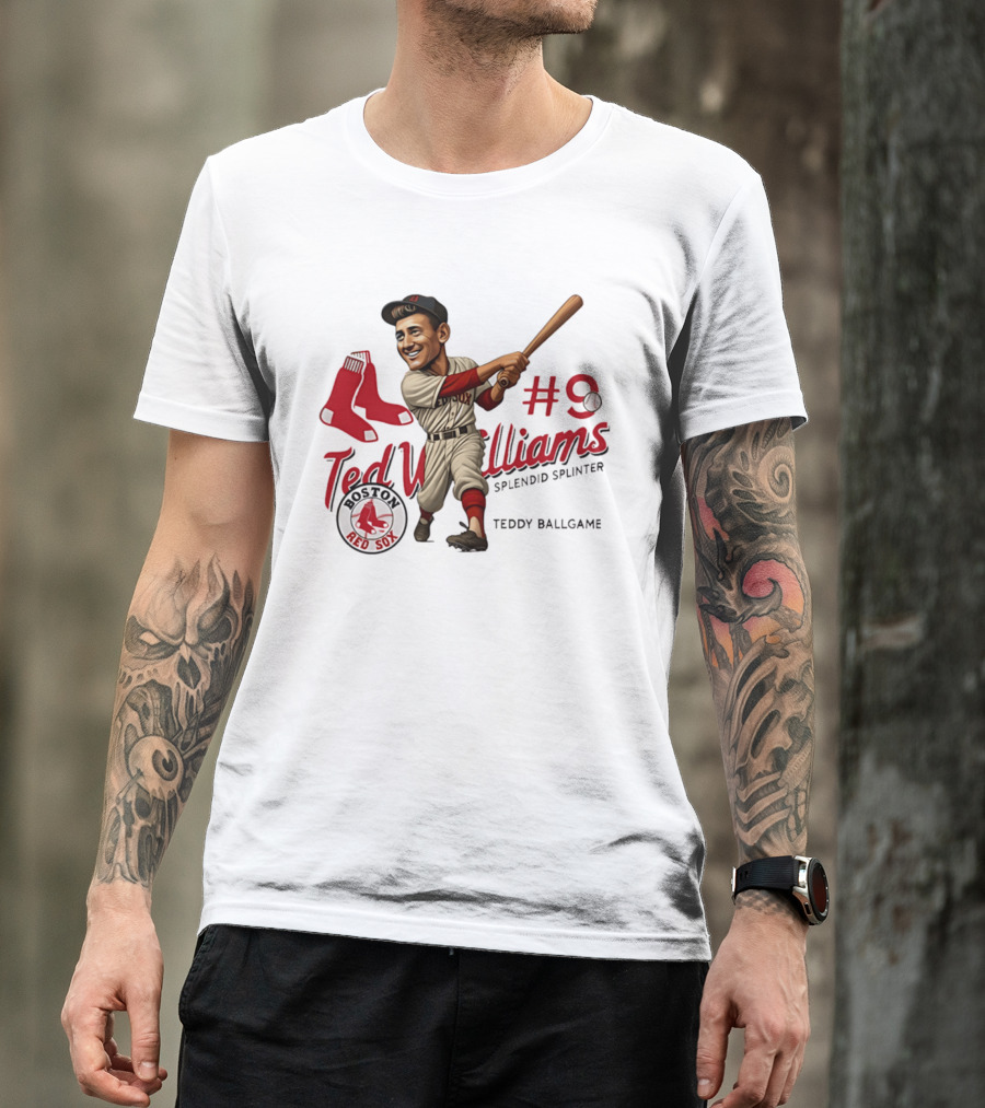 Ted Williams Boston Red Sox Splendid Splinter #9 Teddy Ballgame Caricature T-Shirt