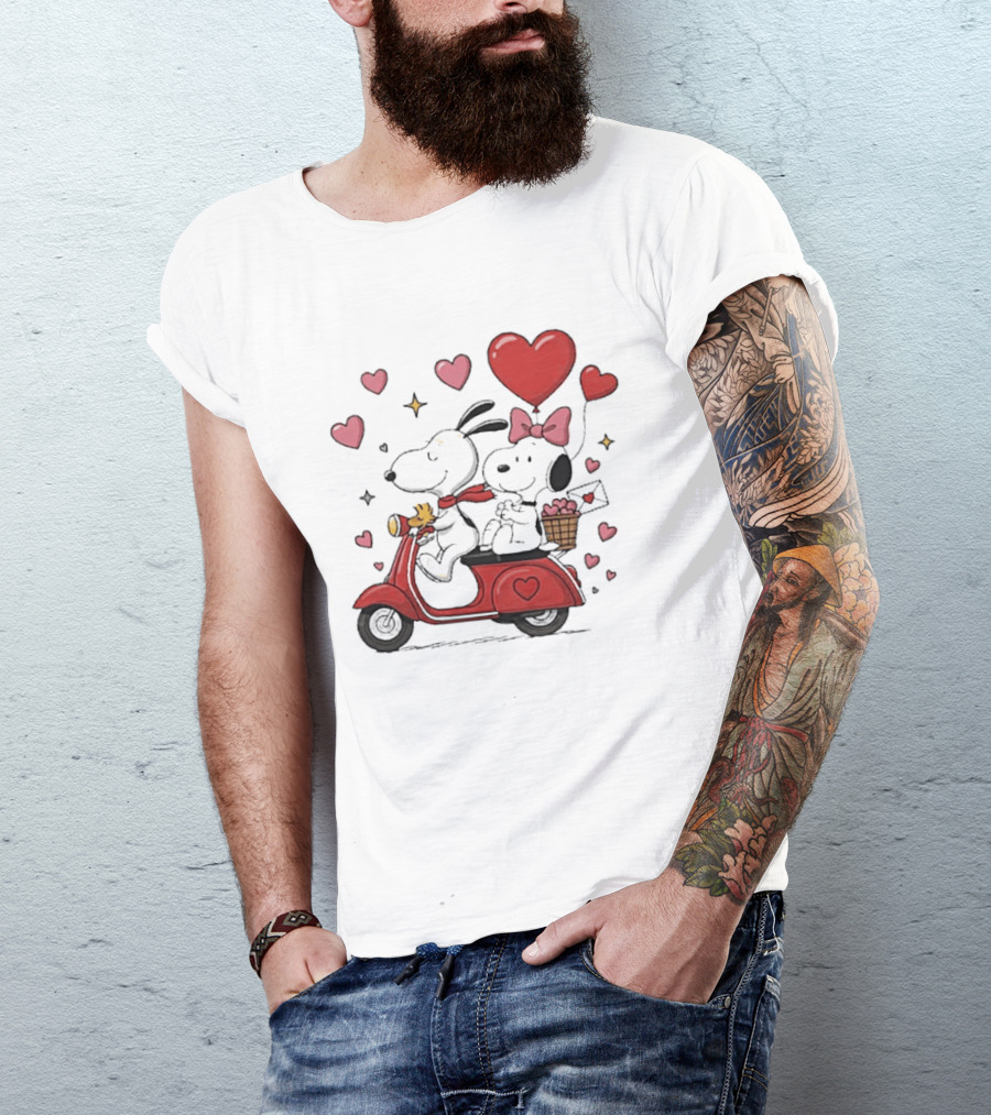 Valentines Day Snoopy Couple Riding Scooter With Hearts And Balloons T-Shirt