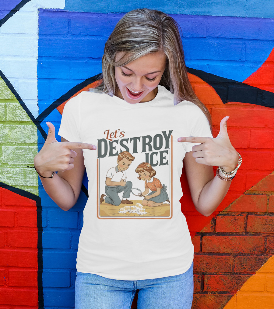 Let's Destroy Ice Vintage Style Cartoon Kids With Airplane T-Shirt