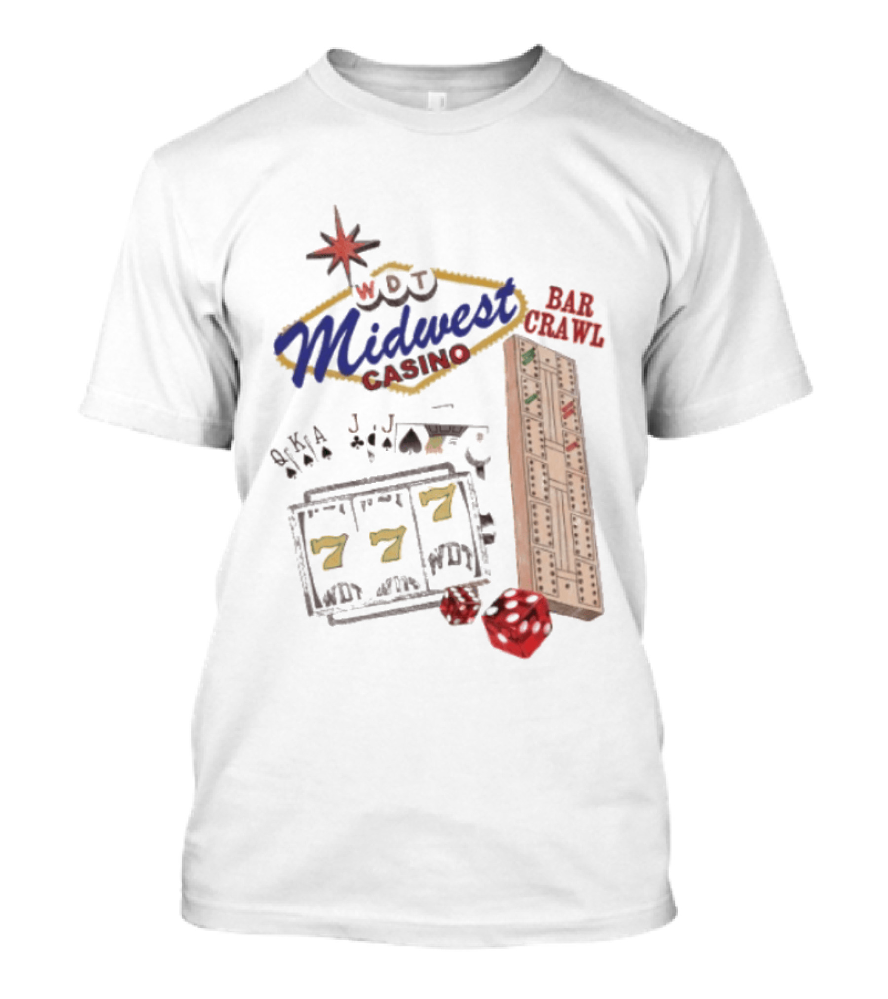 Wisconsin Midwest Casino Bar Crawl Slot Machine Dice Playing Cards Cribbage Board T-Shirt