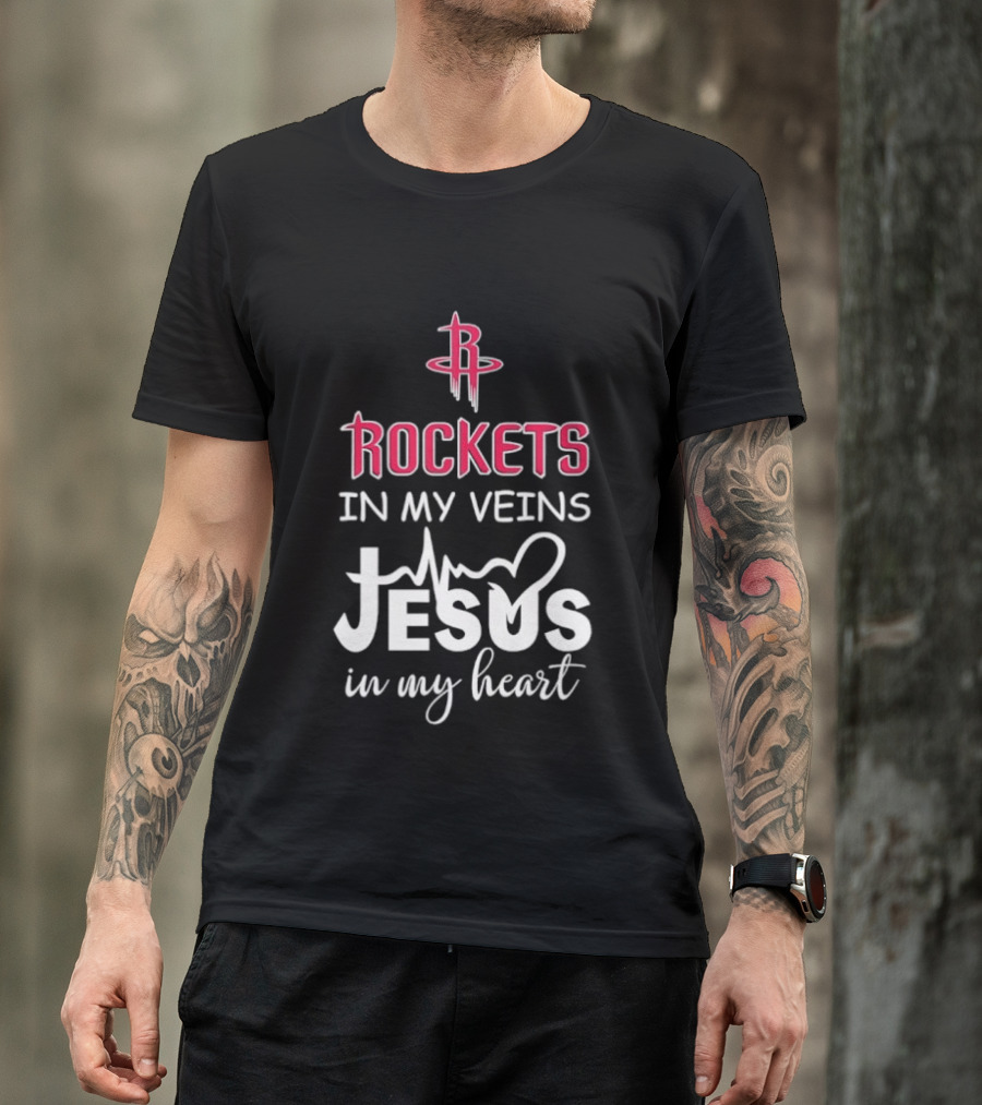 Rockets In My Veins Jesus In My Heart Houston Rockets Basketball Faith T-Shirt
