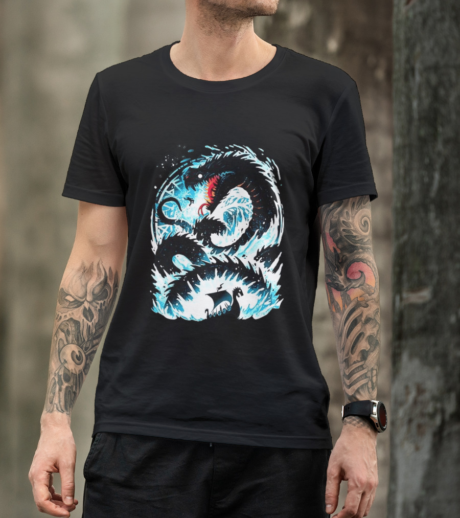 Jörmungandr World Serpent Norse Mythology Viking Ship Ocean Waves T-Shirt