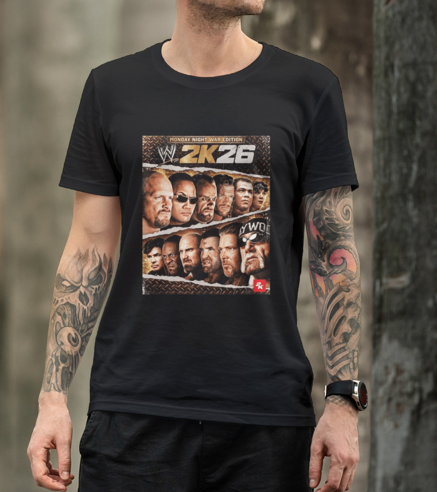 WWE 2K26 Monday Night War Edition Stone Cold Steve Austin Hollywood Hogan The Rock Shawn Michaels Triple H Cover T-Shirt