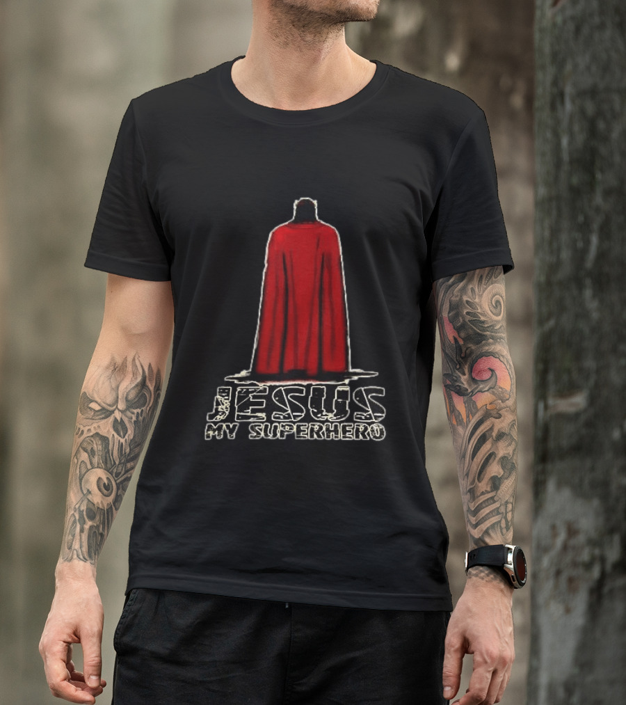 Jesus My Superhero Red Cape Christian Strength T-Shirt