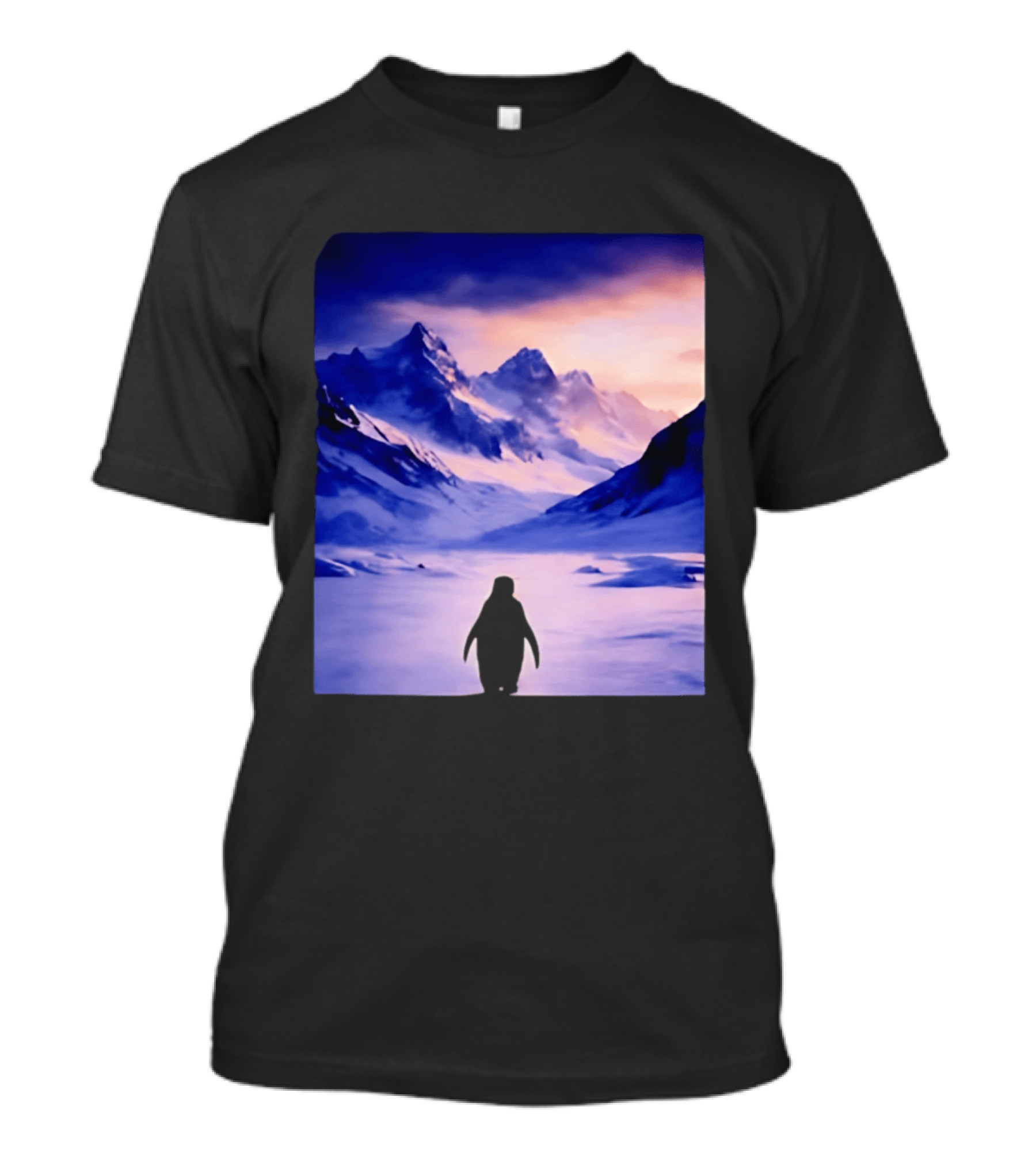 Nihilist Penguin Silhouette In Mountainous Ice Landscape T-Shirt