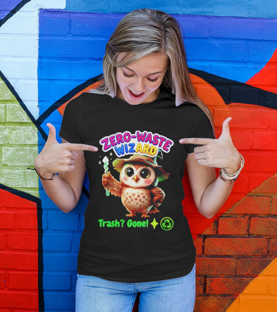 Zero Waste Wizard Owl With Magic Wand Trash Gone Recycling T-Shirt