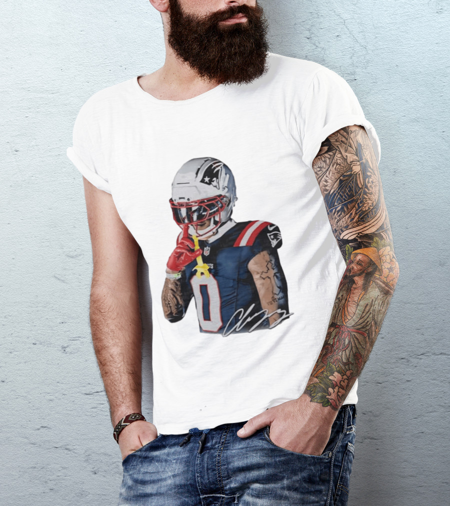 Christian Gonzalez Patriots Number Zero Shh Gesture Helmet Tattoo Football T-Shirt