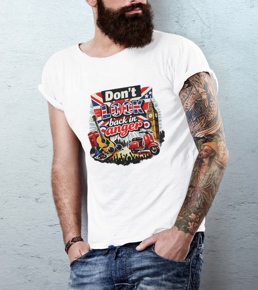 Don't Look Back In Anger UK Flag Vespa Guitar Big Ben Music T-Shirt