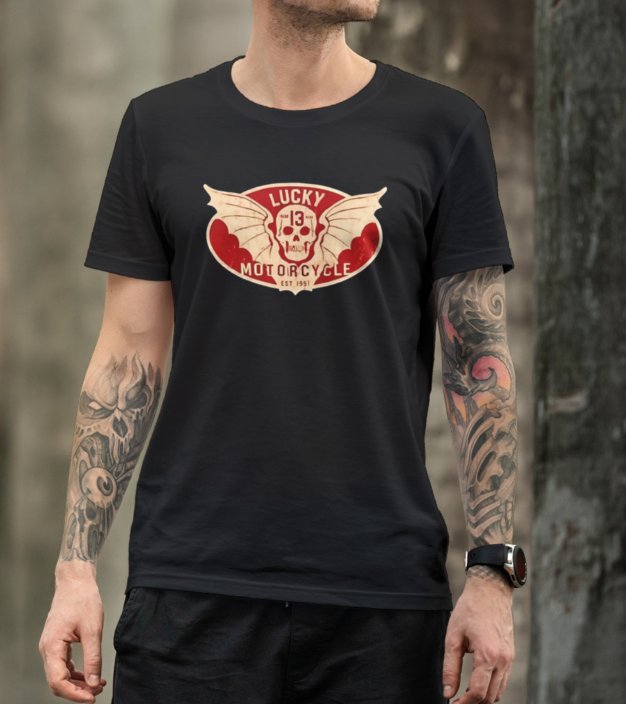 Lucky 13 Motorcycle Winged Skull Est 1991 T-Shirt