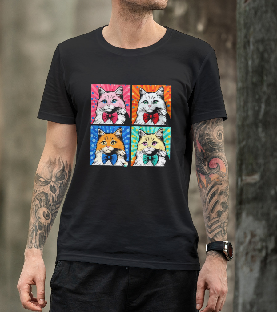 Pop Art Pop Four Panel Colorful Cats Wearing Bowties Kilkennycat T-Shirt