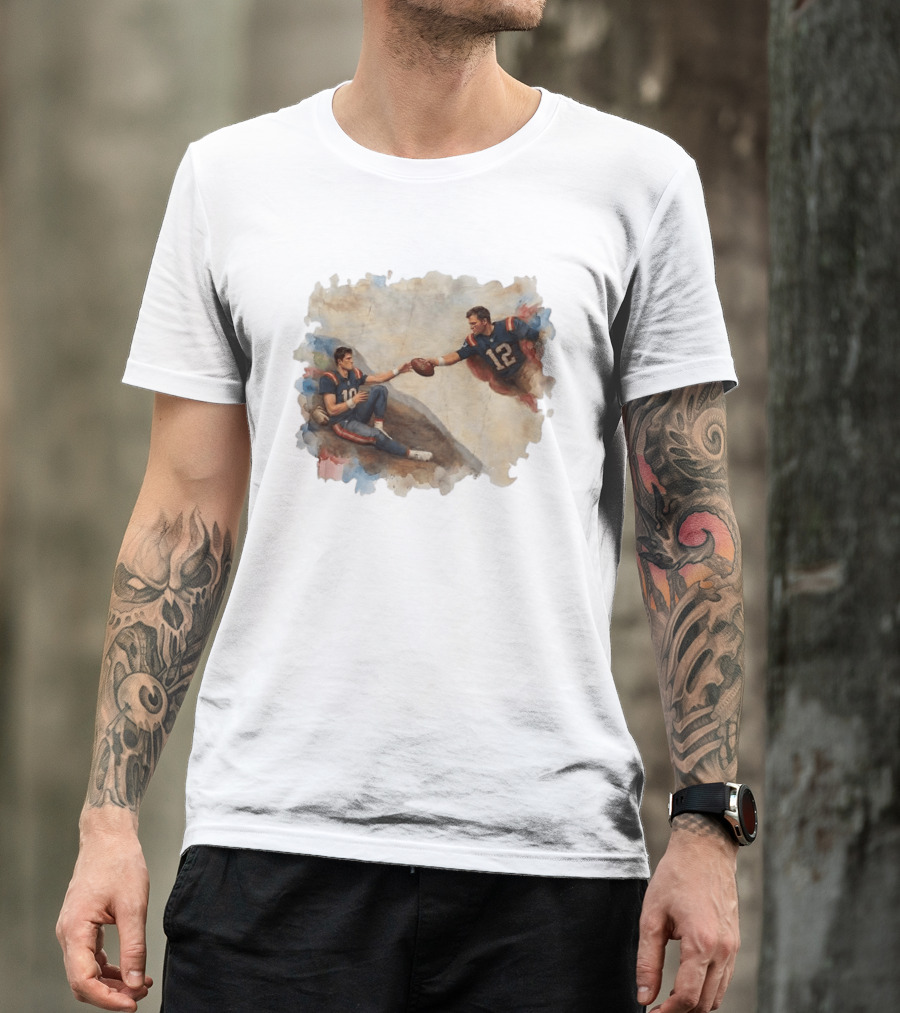 New England Football Brady Number 12 And Maye Number 10 Handing Football Painting T-Shirt