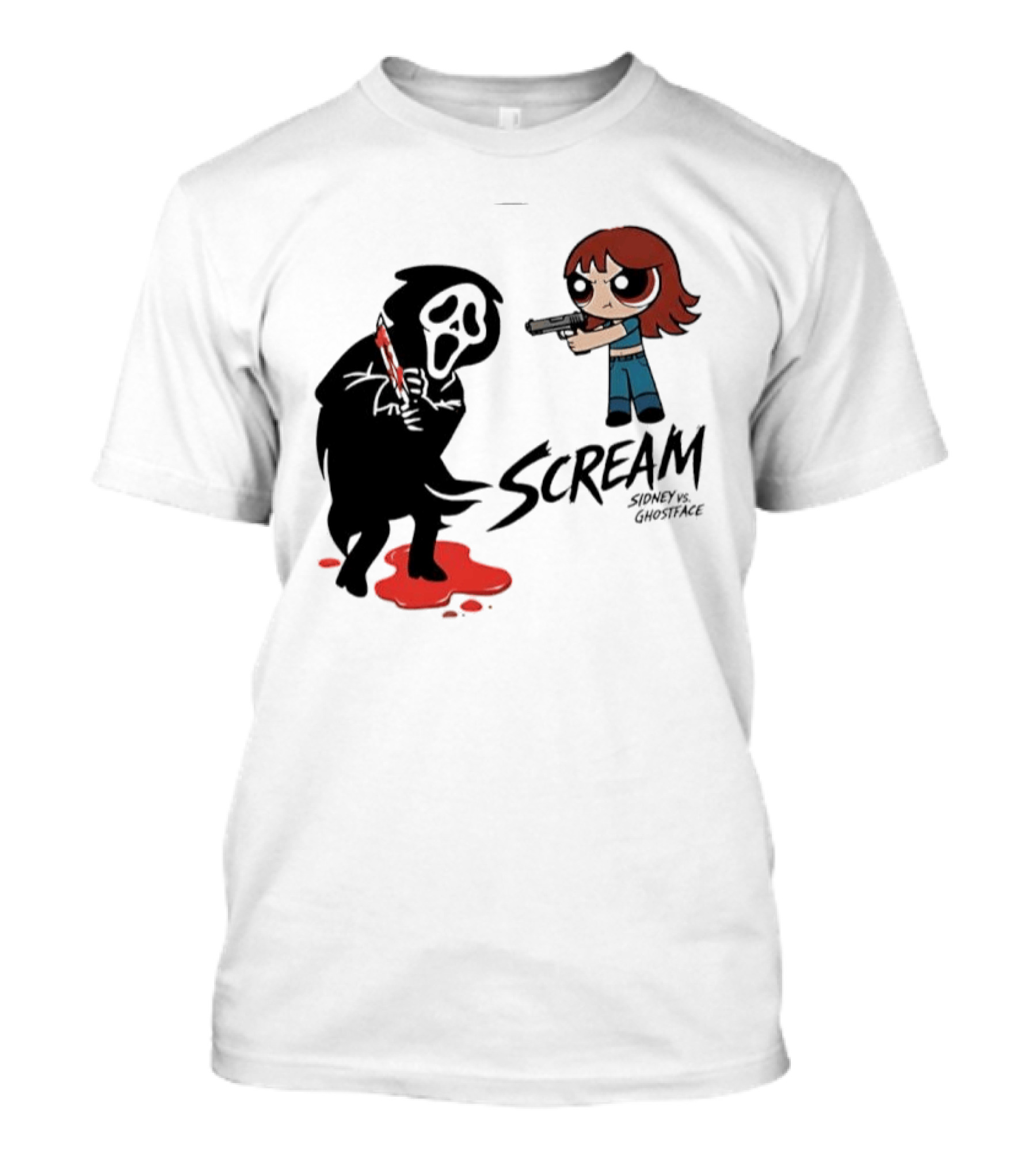 Scream Sidney Vs. Ghostface Cartoon Style Showdown With Knife And Splatter T-Shirt