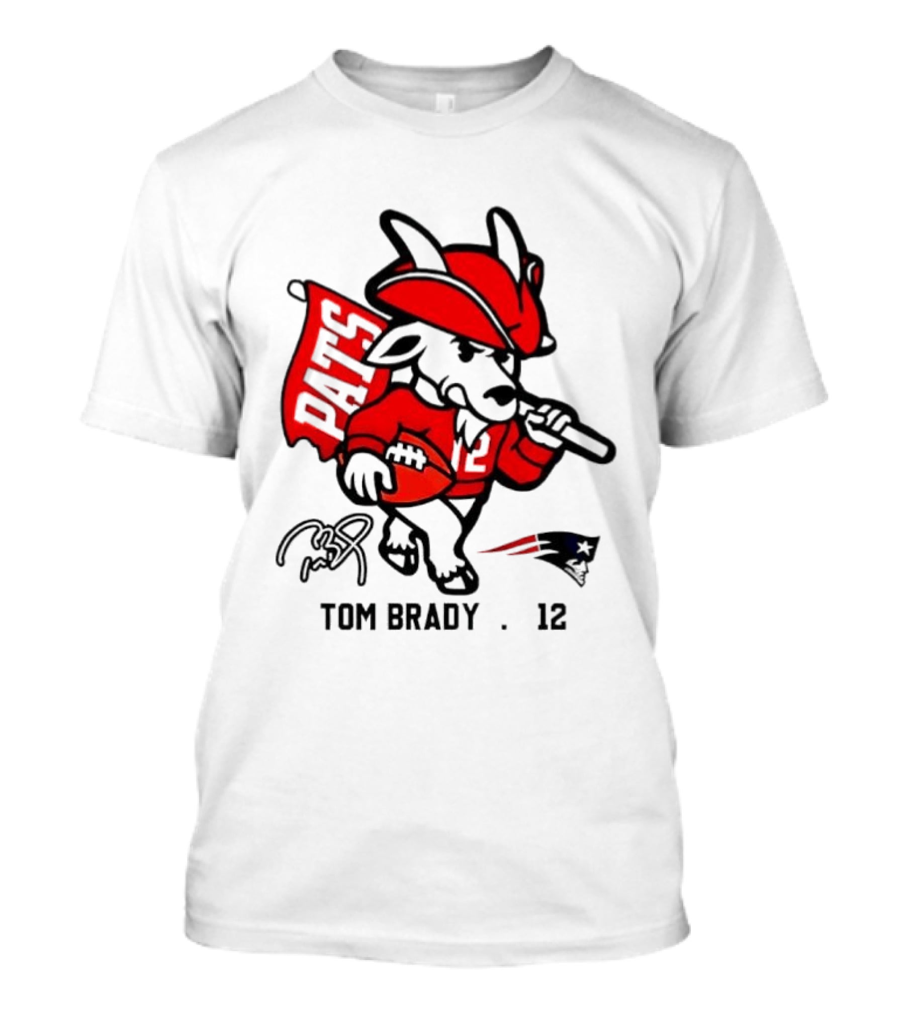 Pats Tom Brady 12 Football Mascot With Signature And New England Patriots Flag T-Shirt