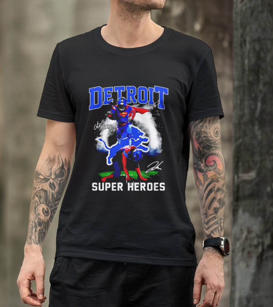 Amon Ra St. Brown Jahmyr Gibbs Superman Detroit Lions Super Heroes T-Shirt