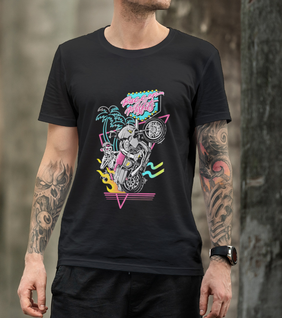 Bagger Misfits Skeleton Motorcycle Wheelie Neon 80s Palm Trees T-Shirt