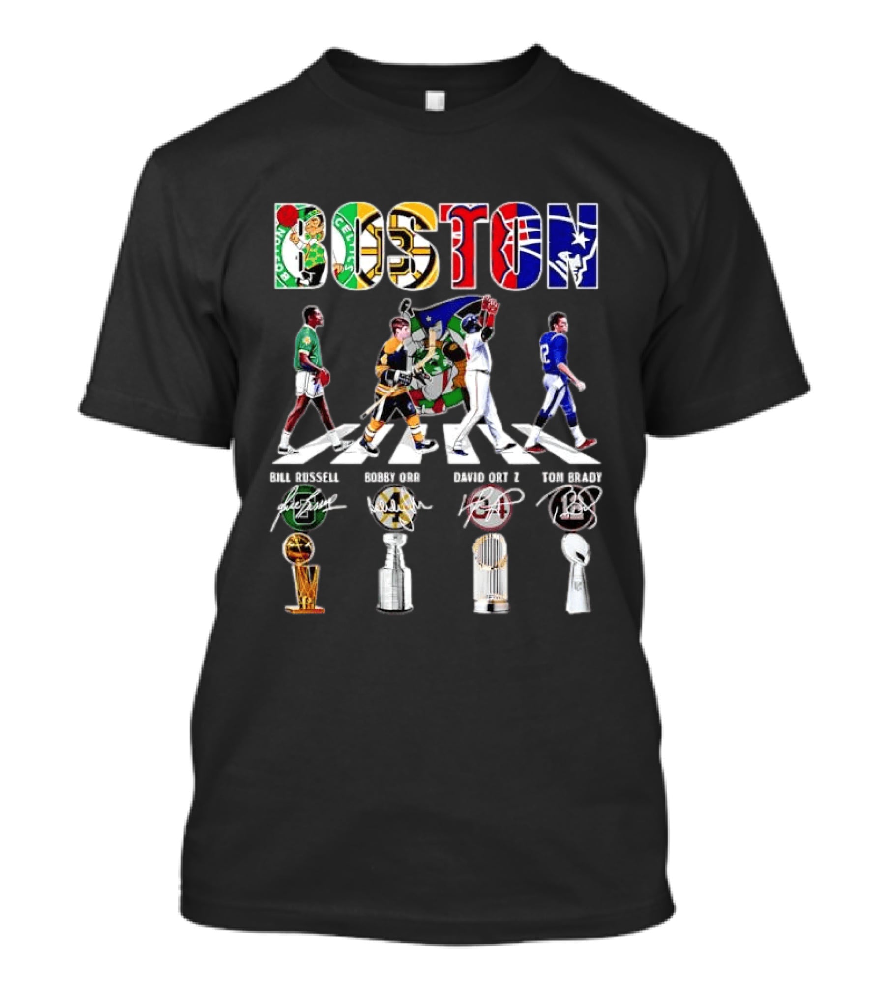 Boston Celtics Bruins Red Sox Patriots Bill Russell Bobby Orr David Ortiz Tom Brady Trophies Legends Signatures T-Shirt