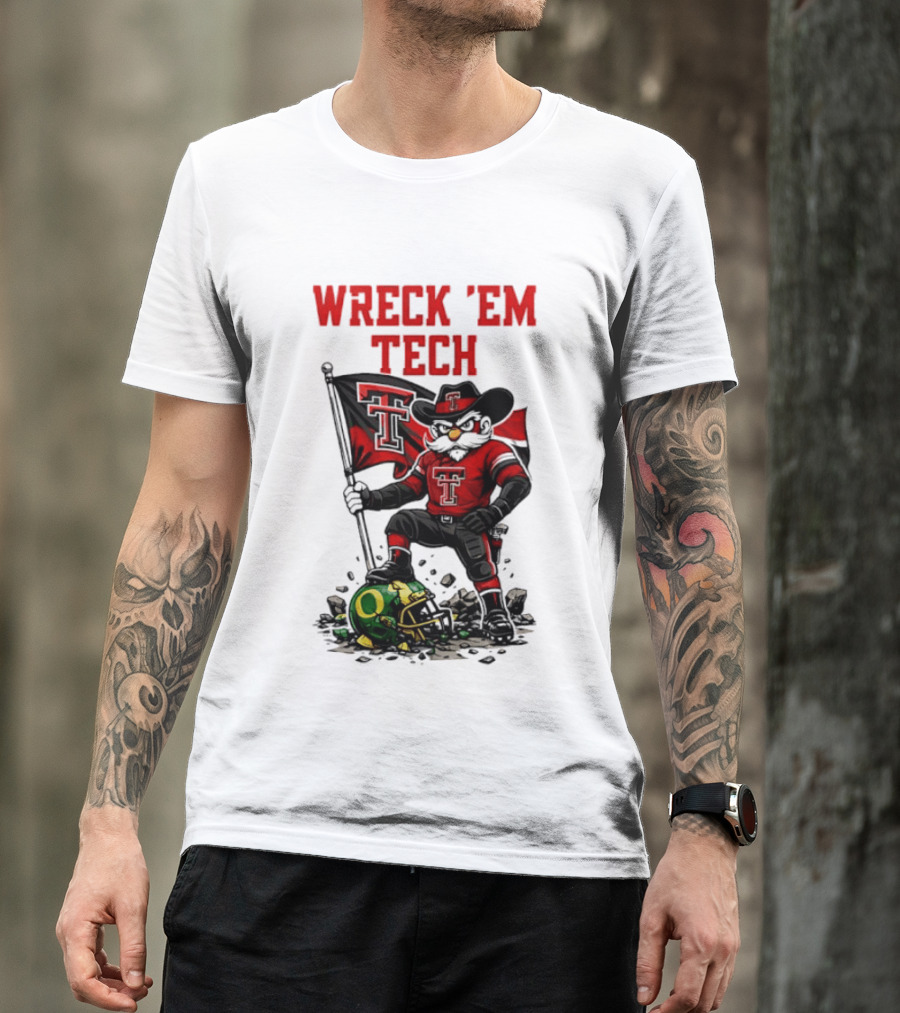 Wreck 'Em Tech Texas Tech Red Raiders Raider Red Flag And Helmet T-Shirt